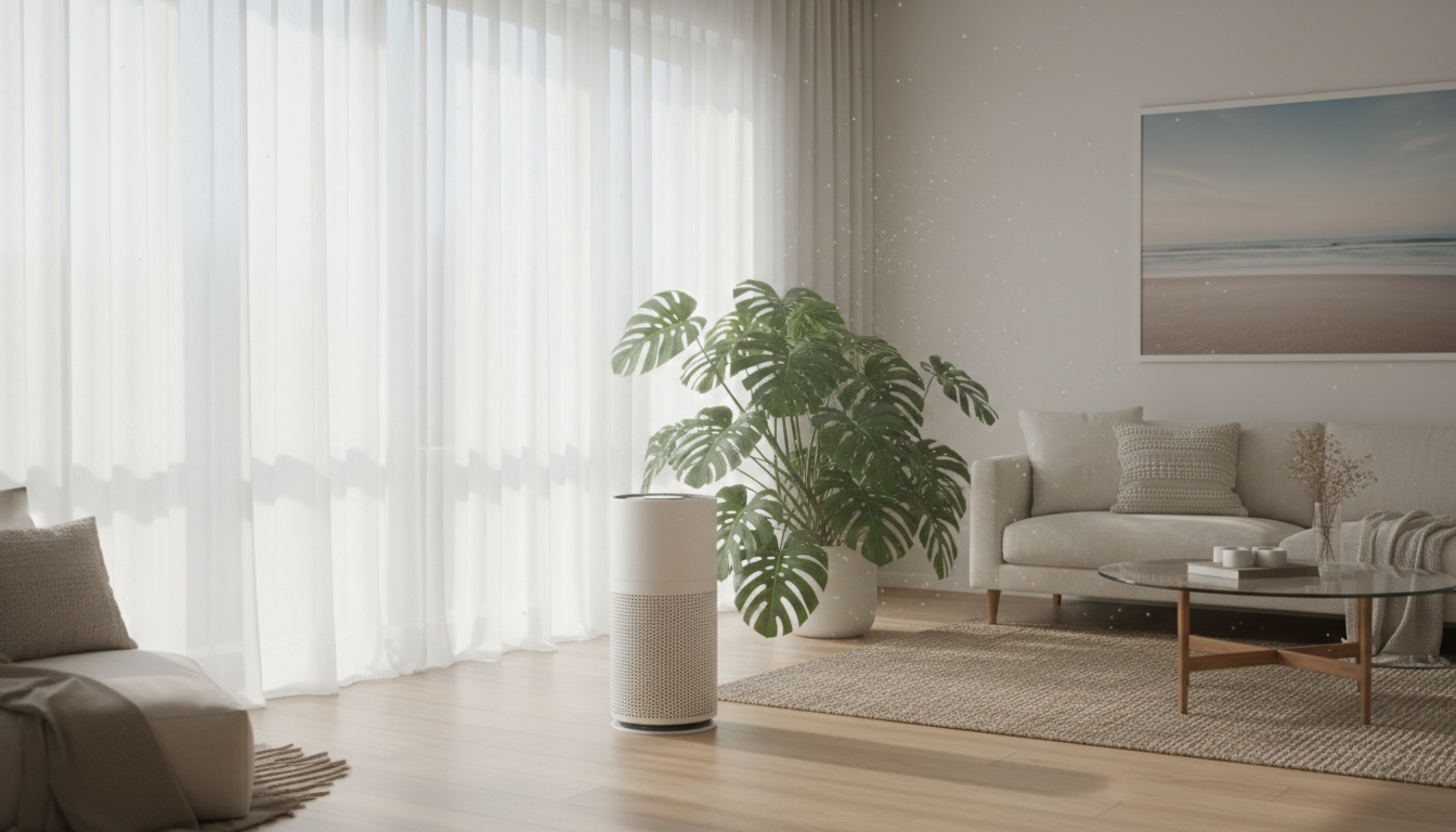 A sunbeam crossing a quiet living room